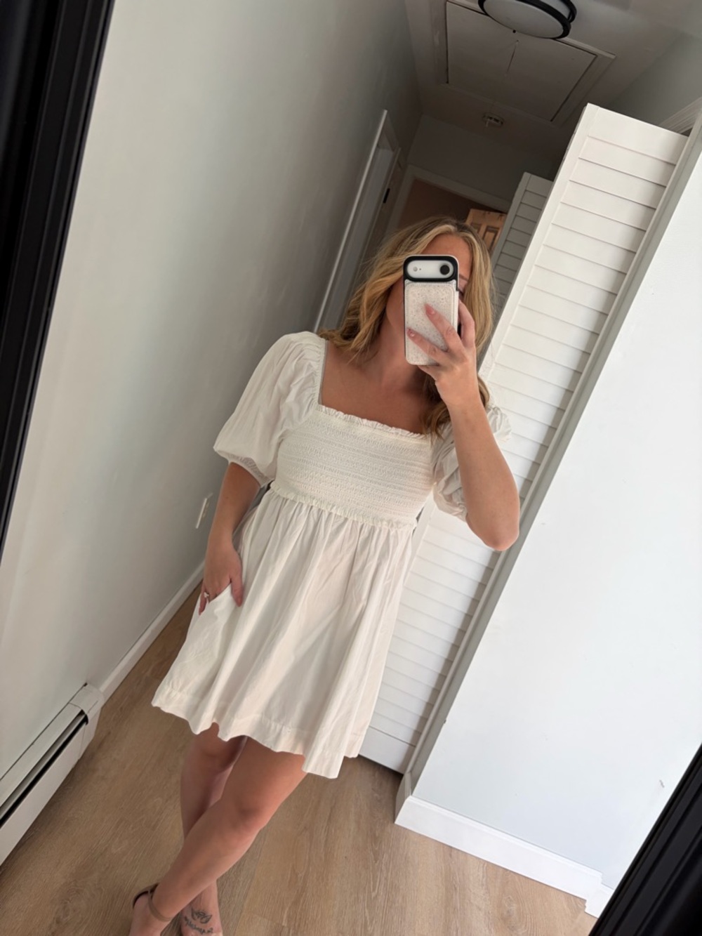 American Eagle Outfitters White Smocked Puff-Sleeve Mini Dress